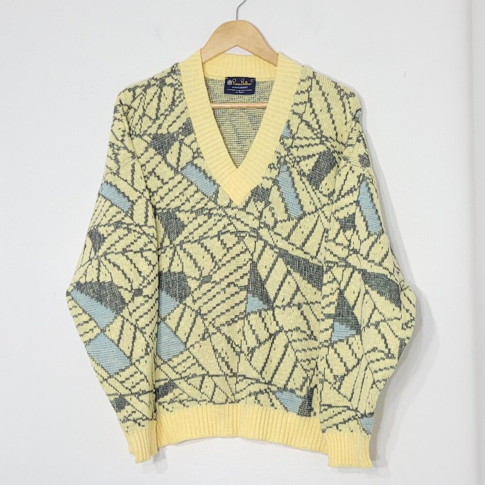 Prince Bellini Vintage Knit Preppy Yellow Gray Cotton Blend Cottagecore Sweater